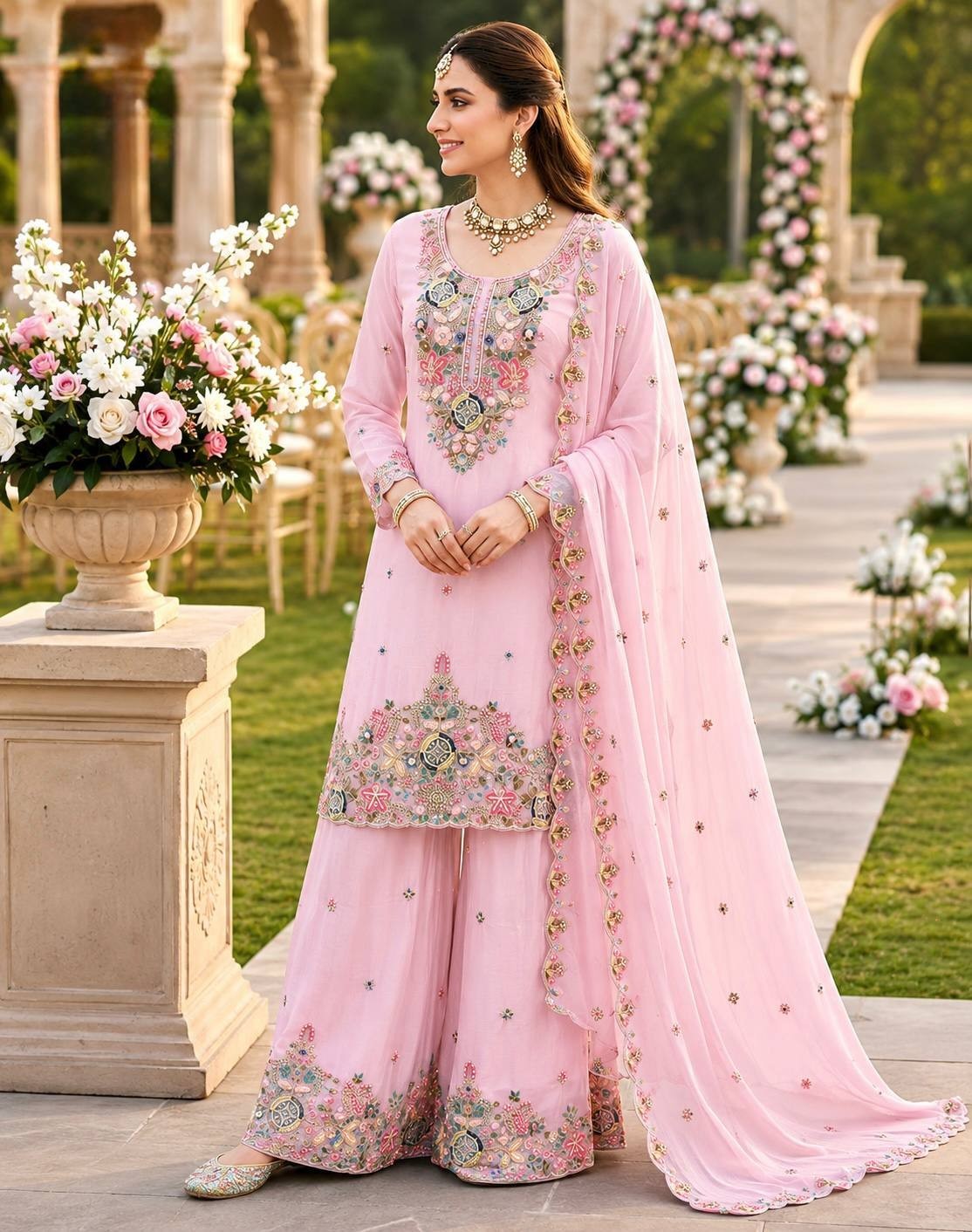 Women Embroidered Sharara Suit Set Mal Chanderi Party Wear Salwar Kameez Dupatta