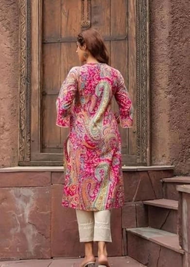 Women’s Rayon Ethnic Pink Paisley Printed Straight Kurti with 3/4 Sleeves – Styl