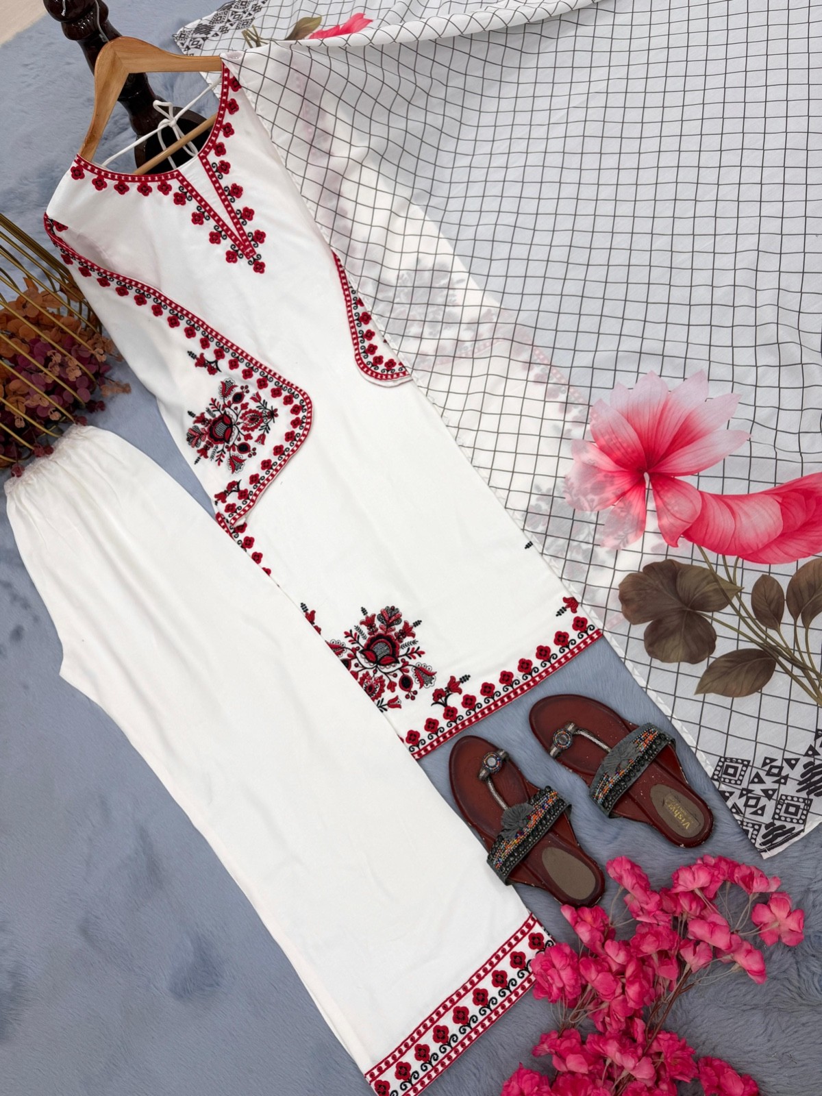 Women Ethnic Top Palazzo Set Satin Rayon Embroidery Party Wear