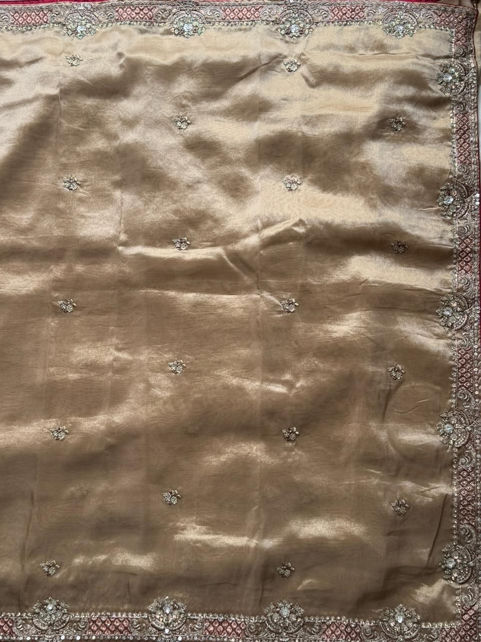 nylon soft tissue crape saree multi sequence pearl handwork with blowse .