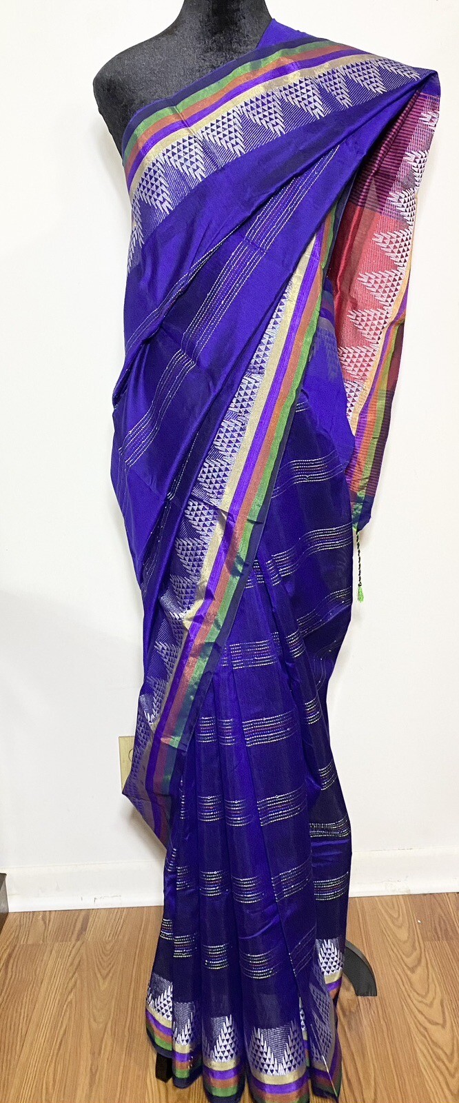 Indian Multicolored Handwoven Saree With Zari Border Silver Zari Kanchi Border