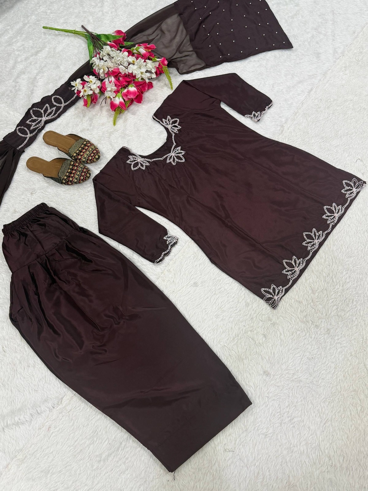 New Presenting Natural Crep Brown Salwar Kameez With Dupatta For Ethnic Wear