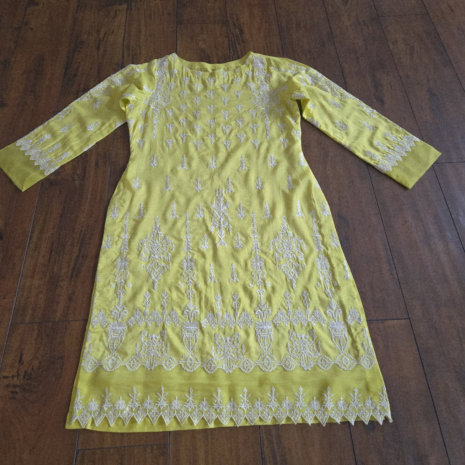 Embroidered Lime Yellow Top Shirt Long Kurti Cotton Silk Organza Size S/M