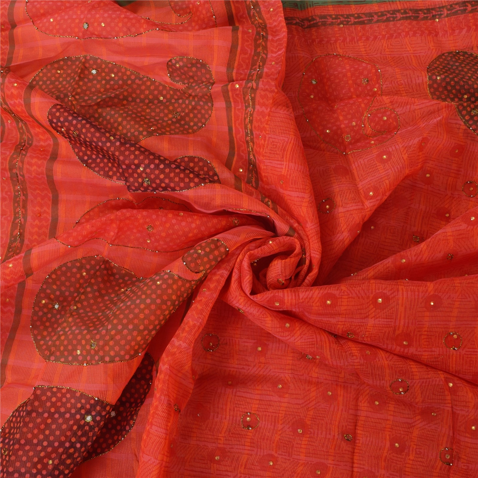 Sanskriti Vintage Coral Sarees Art Silk Hand Beaded Block Kota Doria Sari Fabric