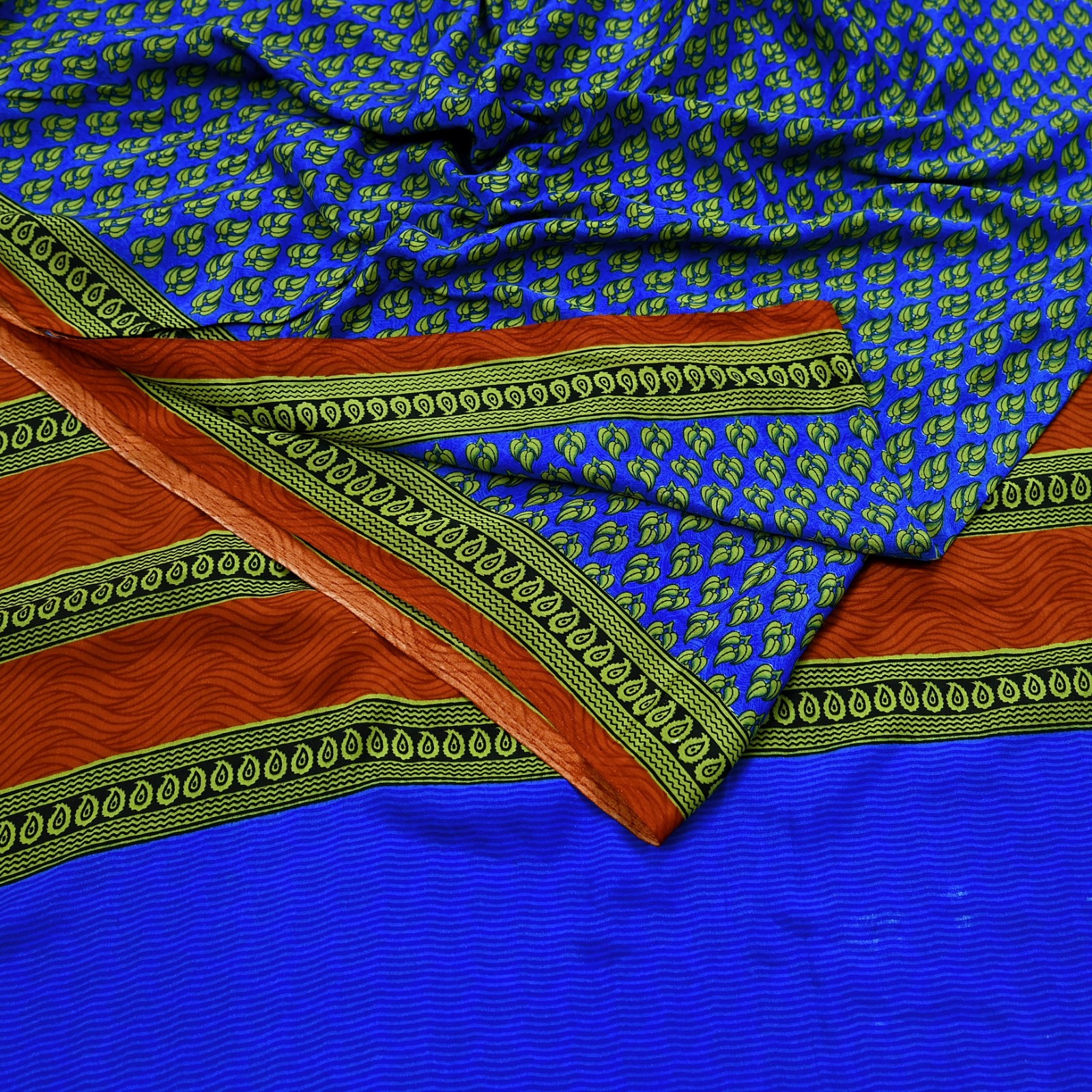 Indian Vintage Blue Moss Crepe Saree Printed Floral Sari Fabric 5 Yards Soft
