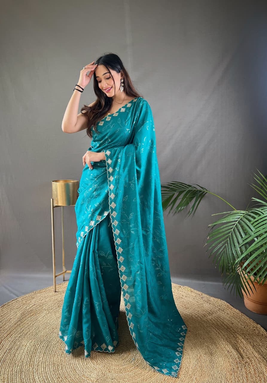 Women’s Pure Ruhi Silk Saree Jal Sequin Work Cutwork Border Party Wear Blouse