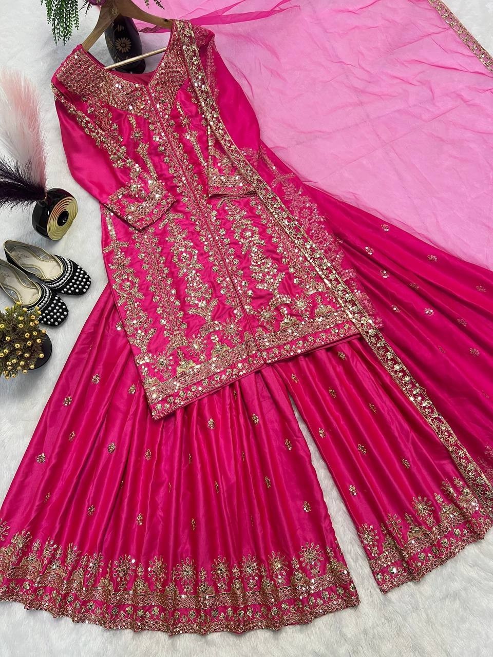 Exclusive Designer Malay Satin Silk Top Palazzo With Dupatta For Wedding Wear