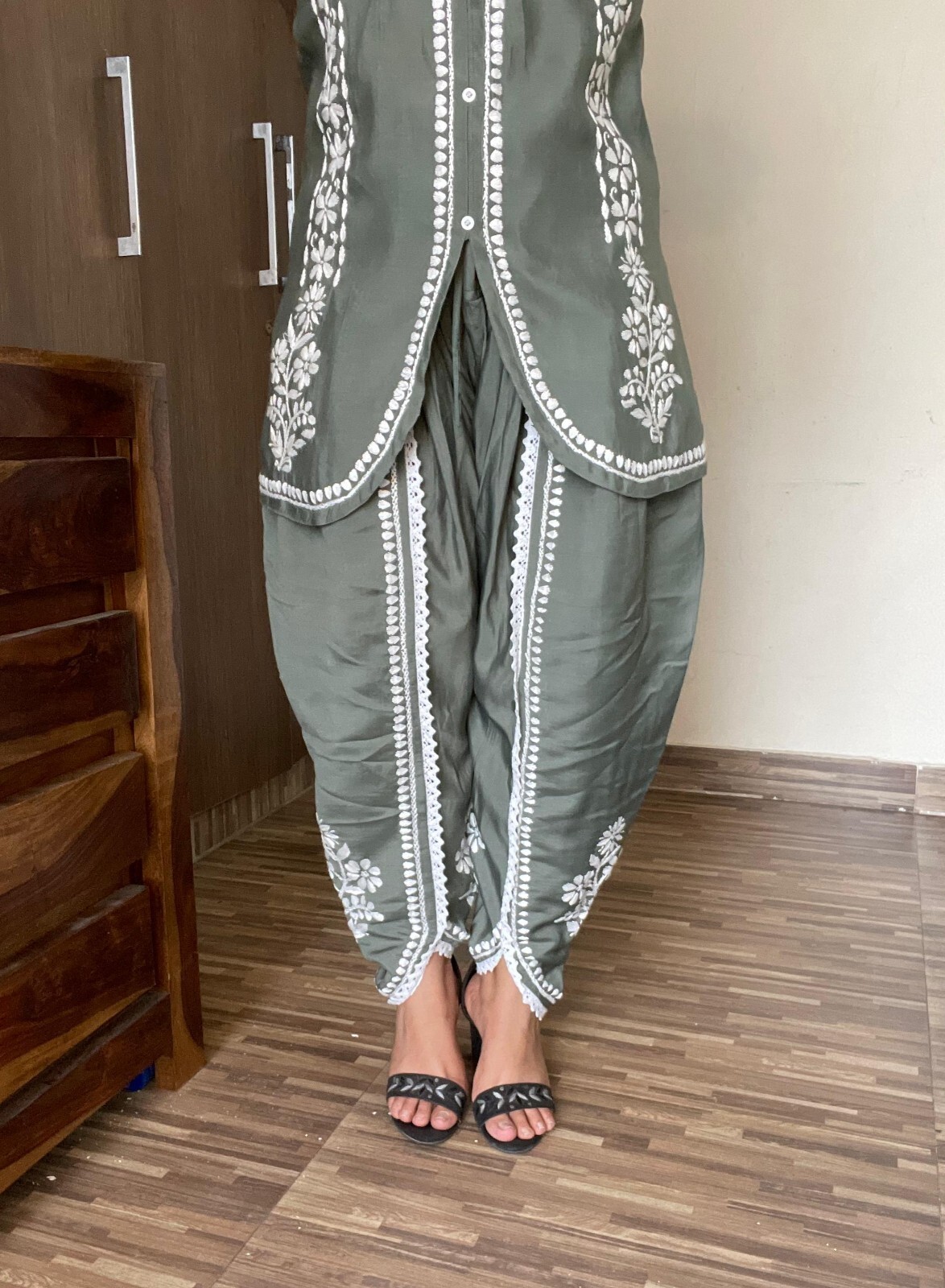WOMEN CHANDERI SILK COLORED DESIGNER TULIP CORD SET WITH PREMIUM EMBROIDERY