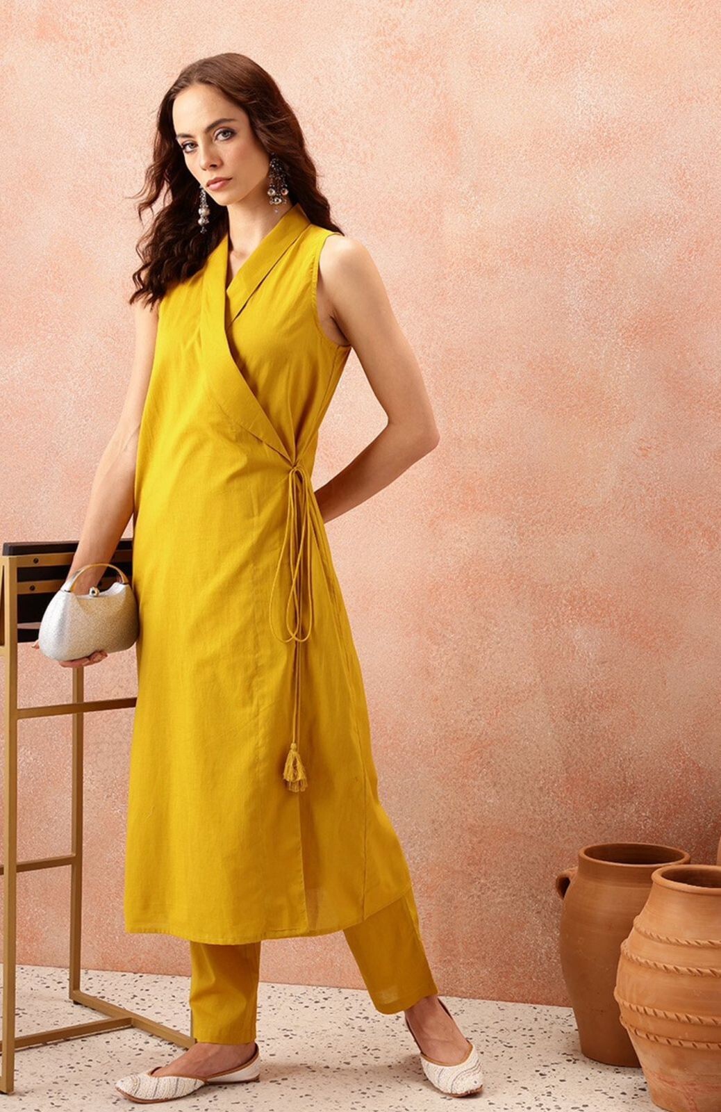 Women Plus Size Yellow Cotton Kurta Pant Set, Casual Wear Dress , SIZE Upto 10XL