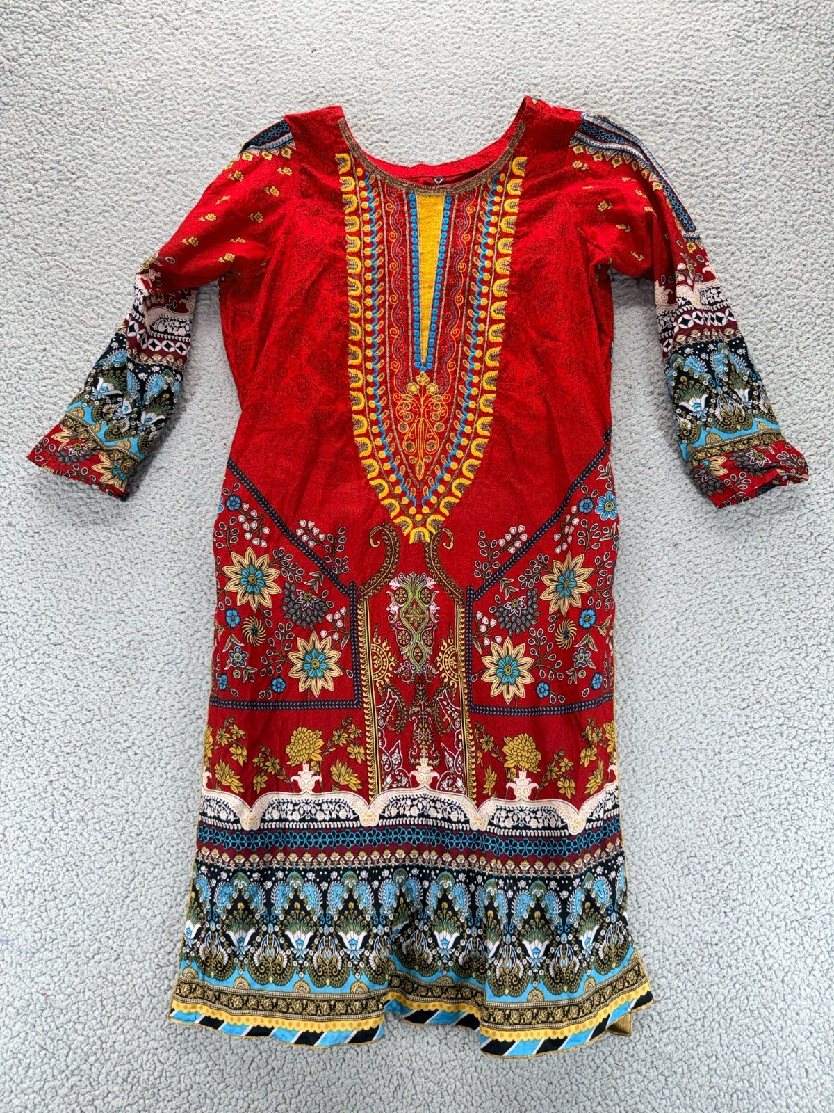Kurti Tunic Top Large Red Blue Floral Pakistani Indian Boho Maximalist Artisan