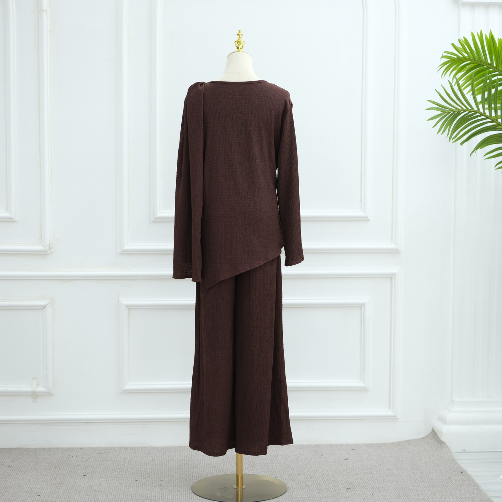 Arab Clothing Solid Color Cardigan Pants 2Pc Muslim Buckle Long Sleeves Suit Set