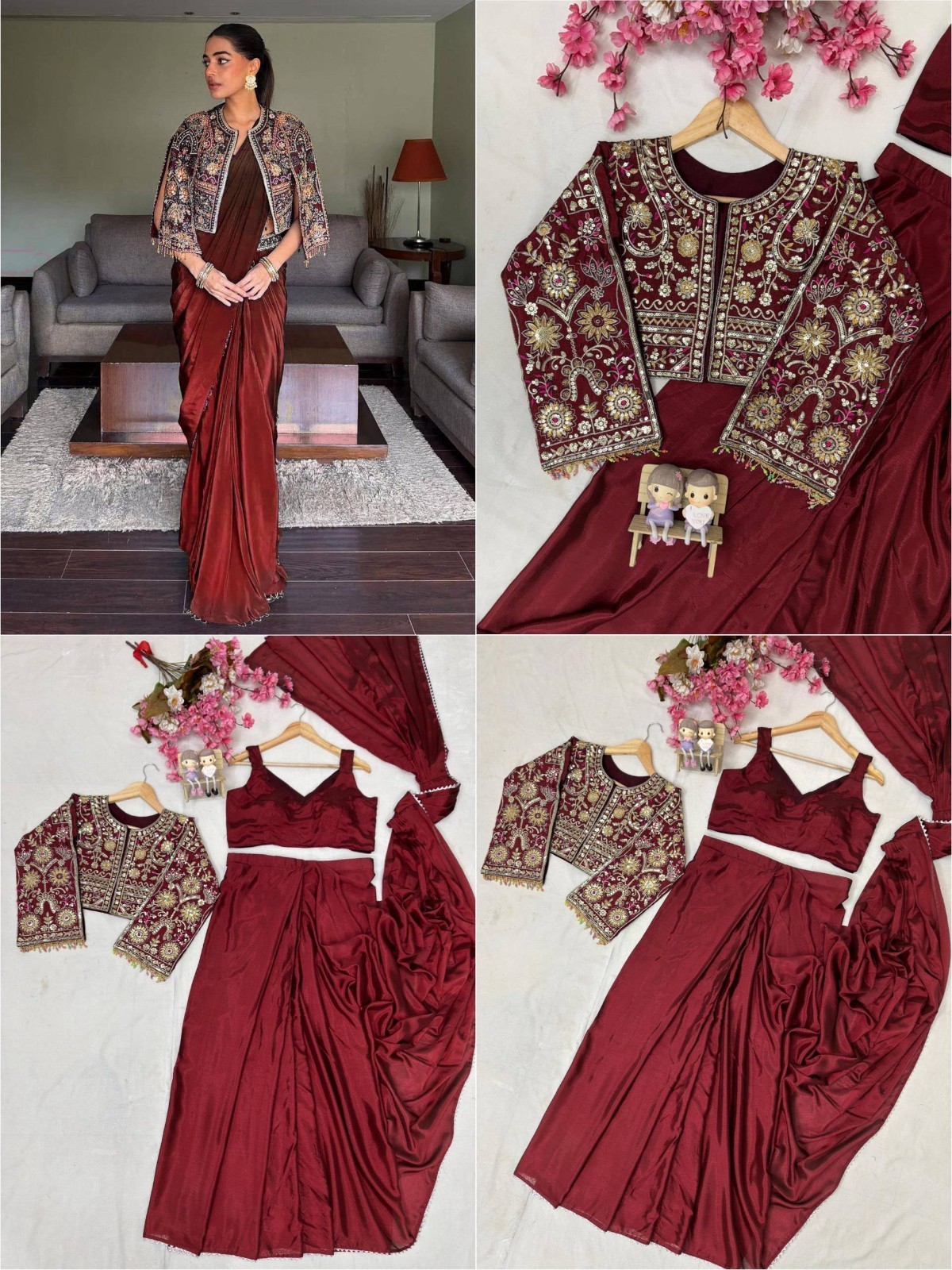 Women Maroon Embroidered Crop Jacket Blouse Palazzo Dupatta Set Designer Indo XL