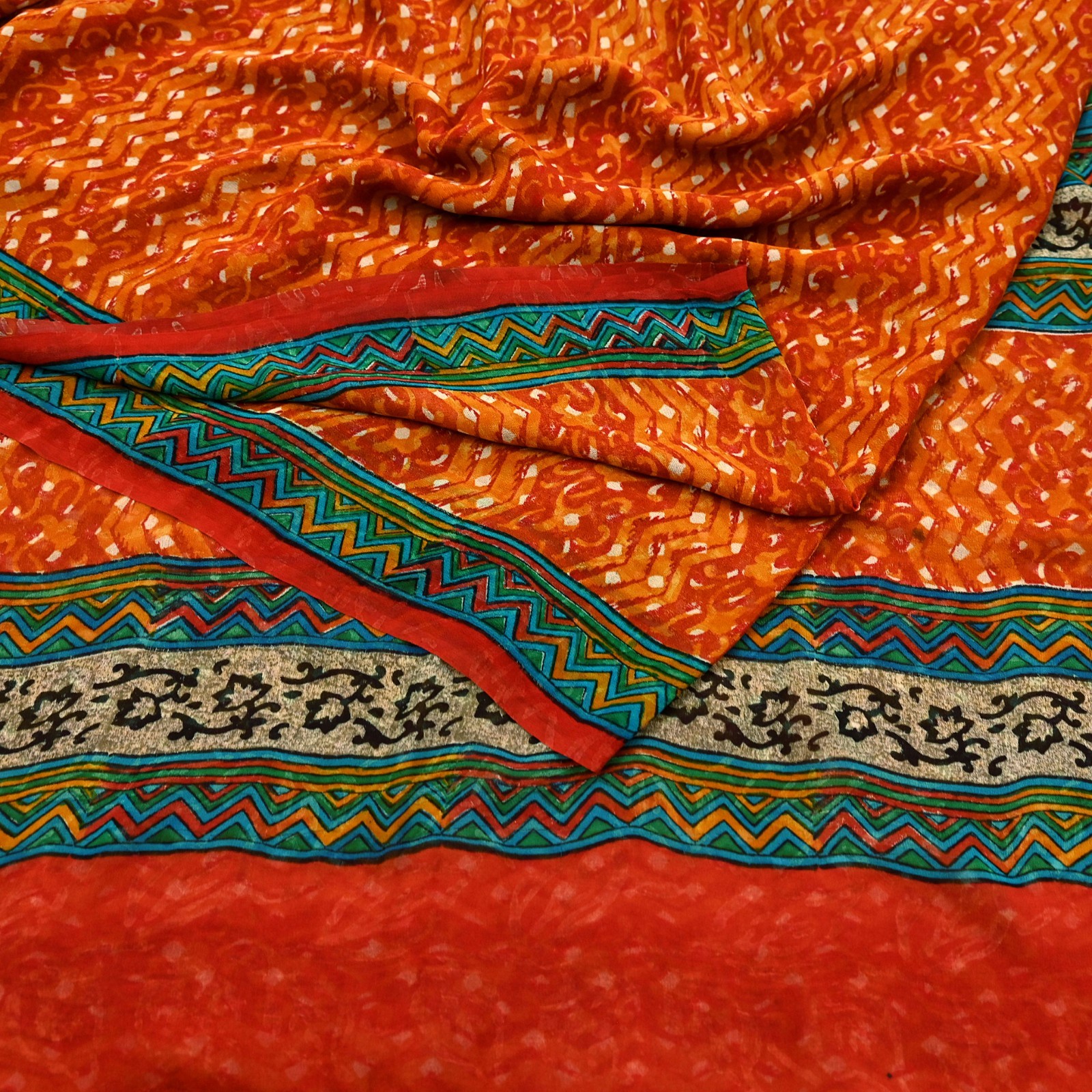 Indian Vintage Sari Orange & Red Pure Georgette Silk Block Printed Sarees 5yd
