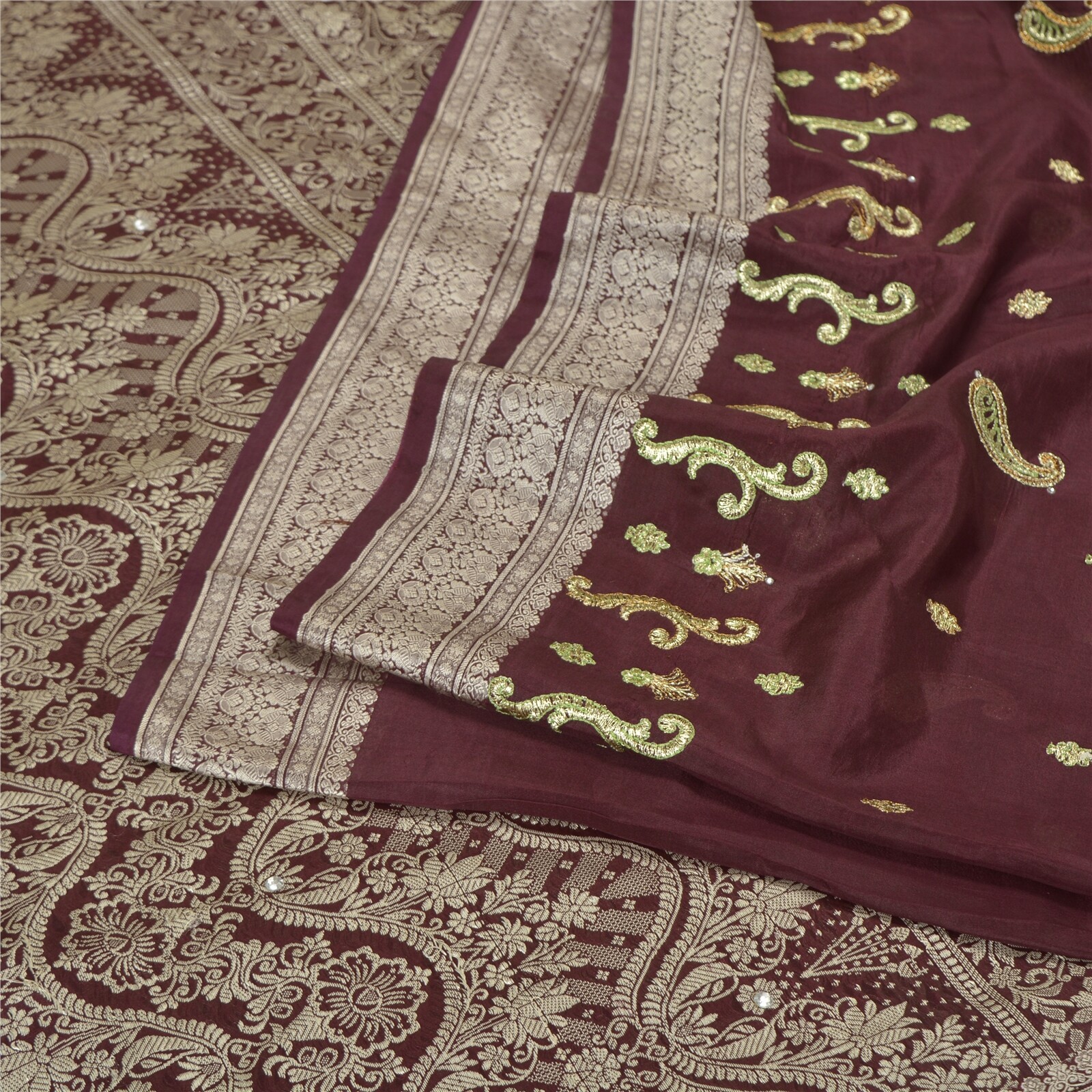 Sanskriti Vintage Purple Sarees Pure Silk Hand Beaded Woven Sari Craft Fabric
