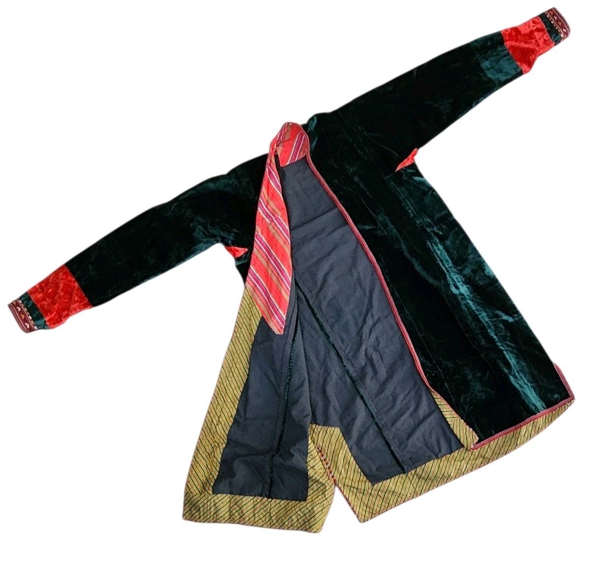 Vintage Turkmen Velvet Green Red Embroidered Chapan, Kaftan Robe (M/L ?)