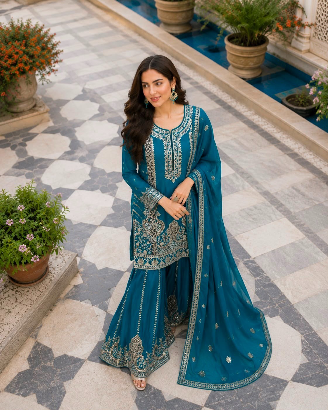 Peacock Blue Embroidered Pakistani Suit Women 3 Piece Party Wear Dress