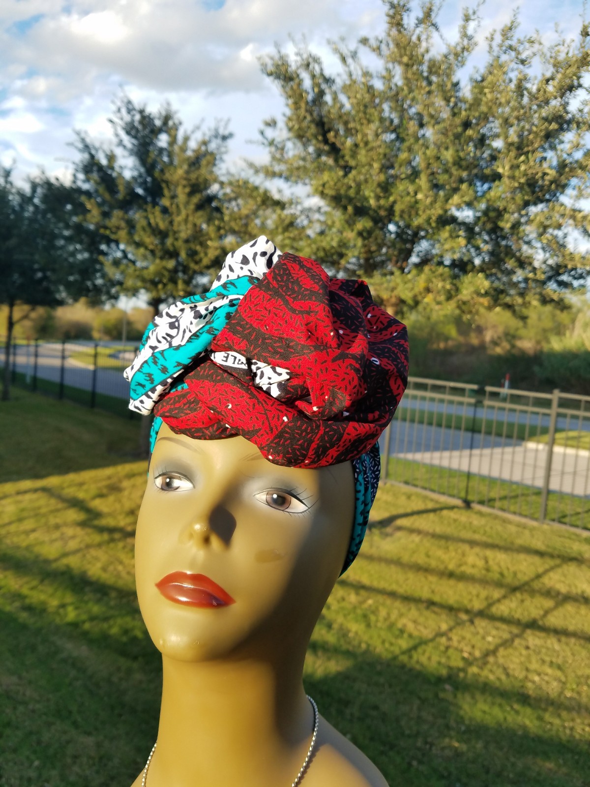 Red, Teal And White Head wrap;African Headwrap;African Clothing; African Fabric