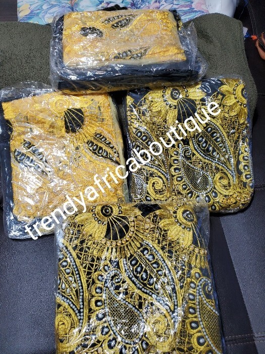 Black/yellow embriodery & crystal stones Taffeta George Nigeria parties. 7yds