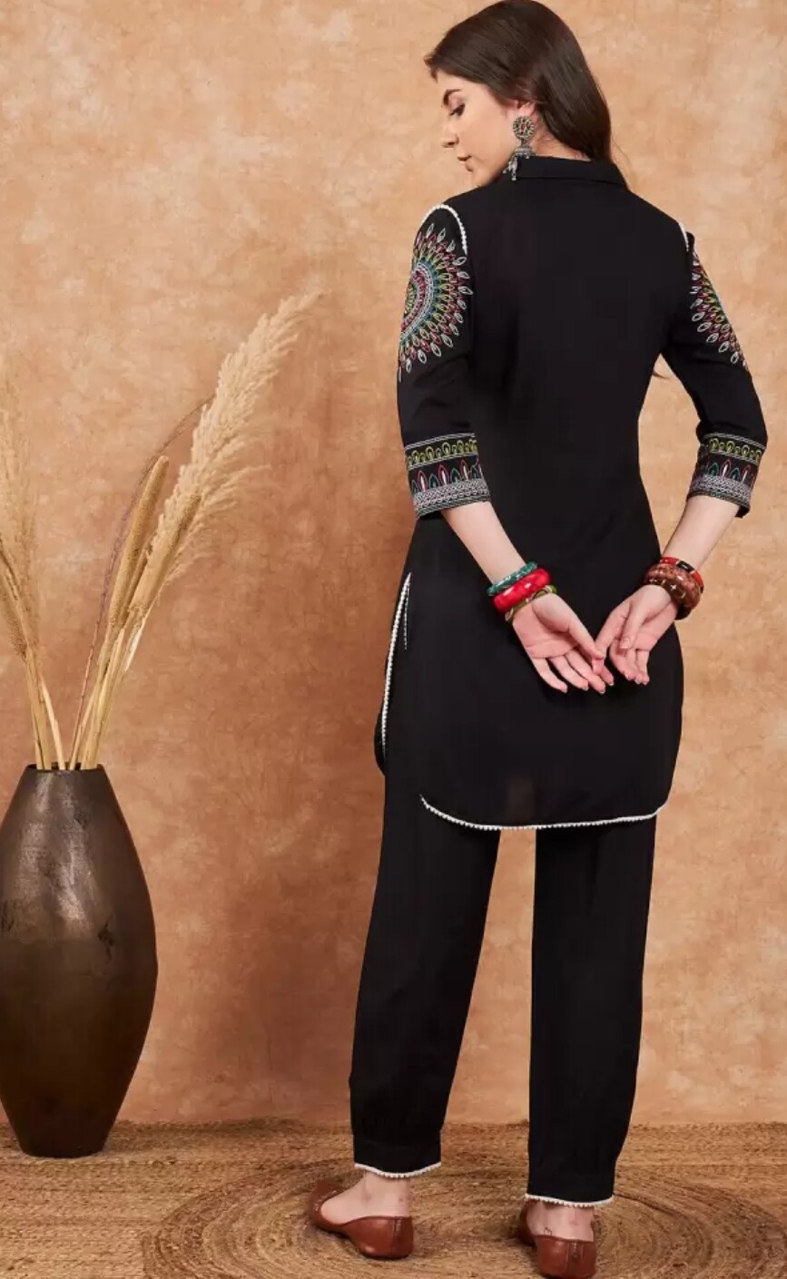 Indian Kurta set; Black Ethnics motifs Embroidered Pathani Kurta with Salwar