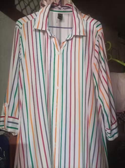 Shirt Dress for women/ A -Line White Striped Print Roll-Up Sleeve Shirt Dress