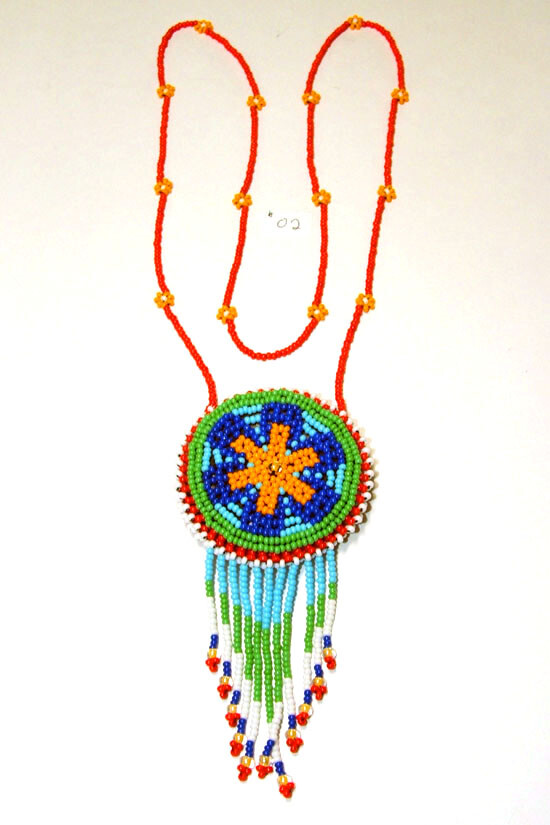 Unisex 2.25″ dia Beaded Rosette Medicine Bag / Coin Purse Necklace Regalia #02
