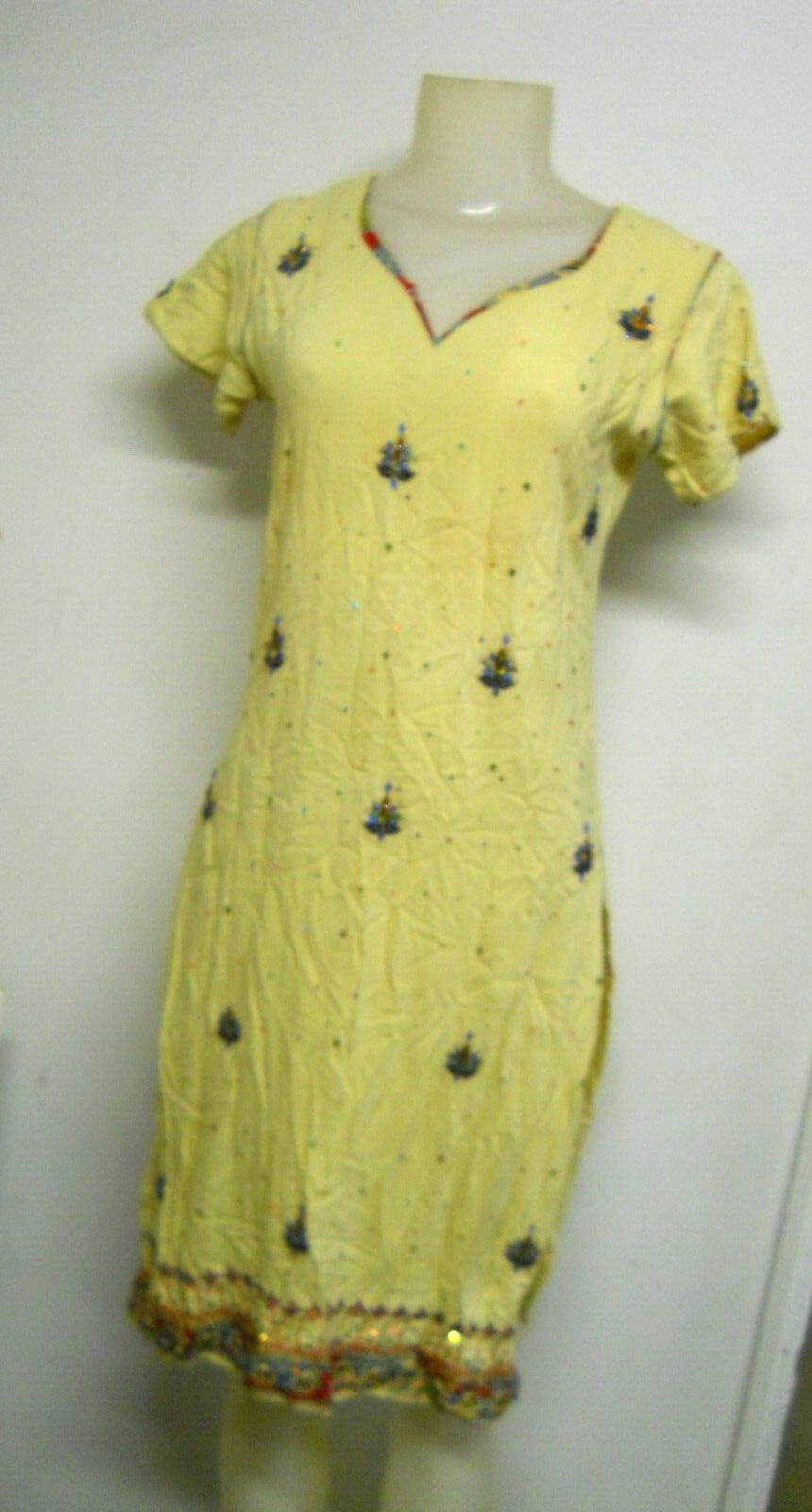 Women’s Yellow Beaded Oriental Bollywood Kameez Shirt Boho Outfit India Sz 40
