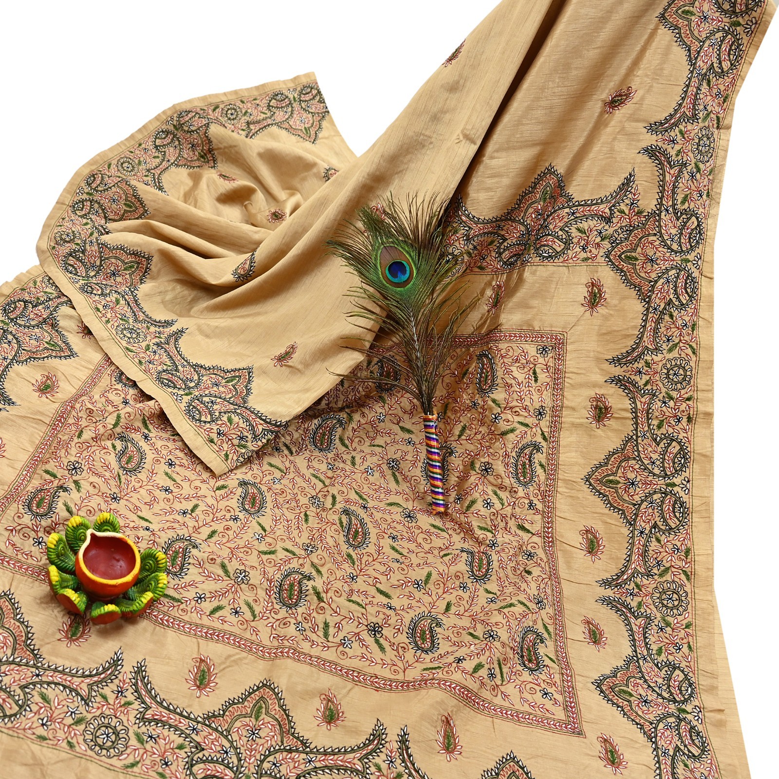 Indian Vintage Sari Beige Artificial Silk Hand Embroidered Sarees Craft Fabric 5