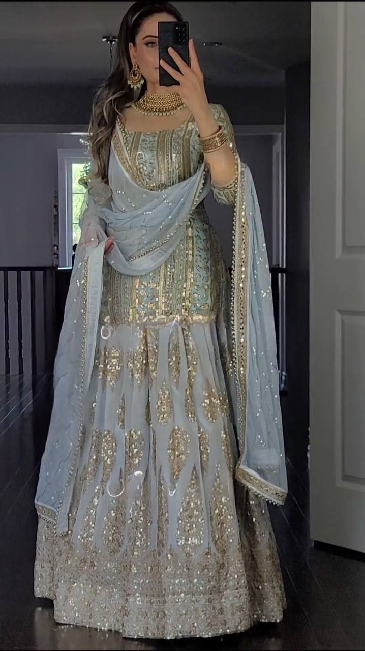 Fashionable Grey Faux Georgette Top Lehenga With Dupatta For Indian Wedding