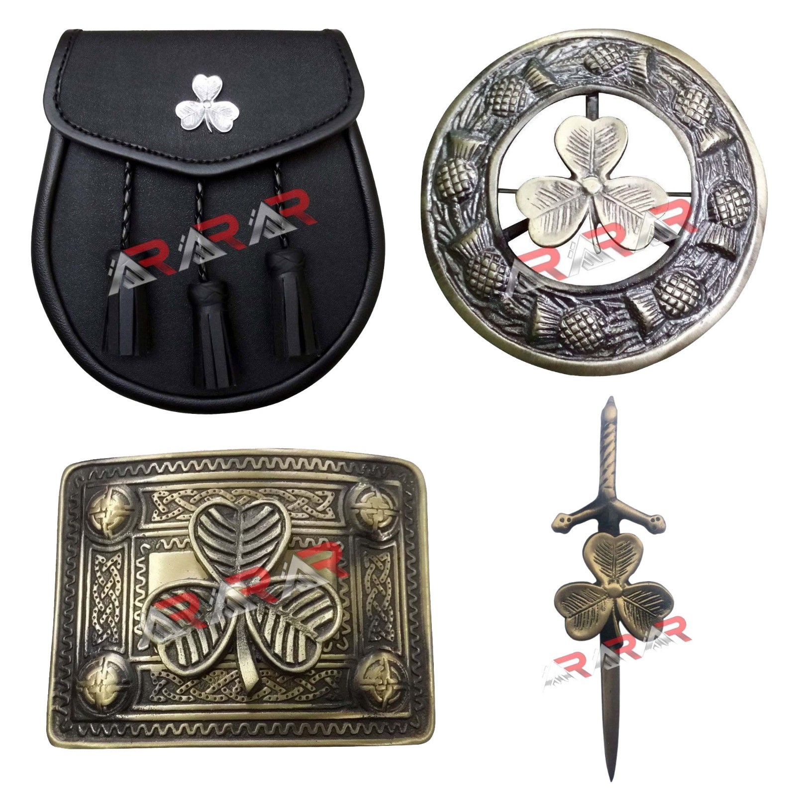 Men’s Scottish Kilt Set Shamrock Irish Black Sporran Brooch Buckle Kilts New AAR