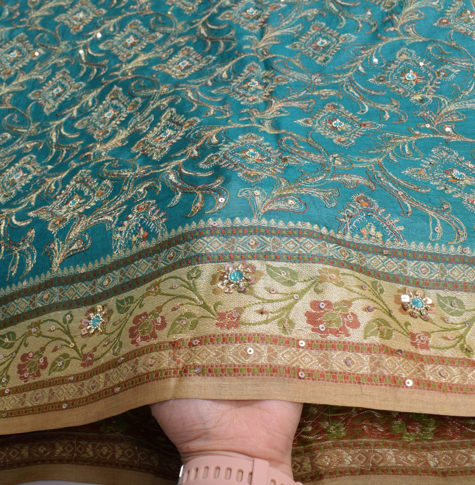Sushila Vintage Teal Blue Saree Pure Tussar Silk Embroidered Zari Woven Sari Fab