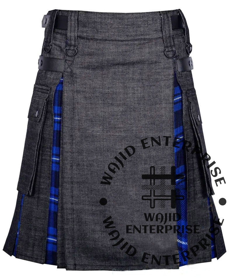 Scottish American Patriot tartan & Black Denim Hybrid Utility Kilts For Men’s