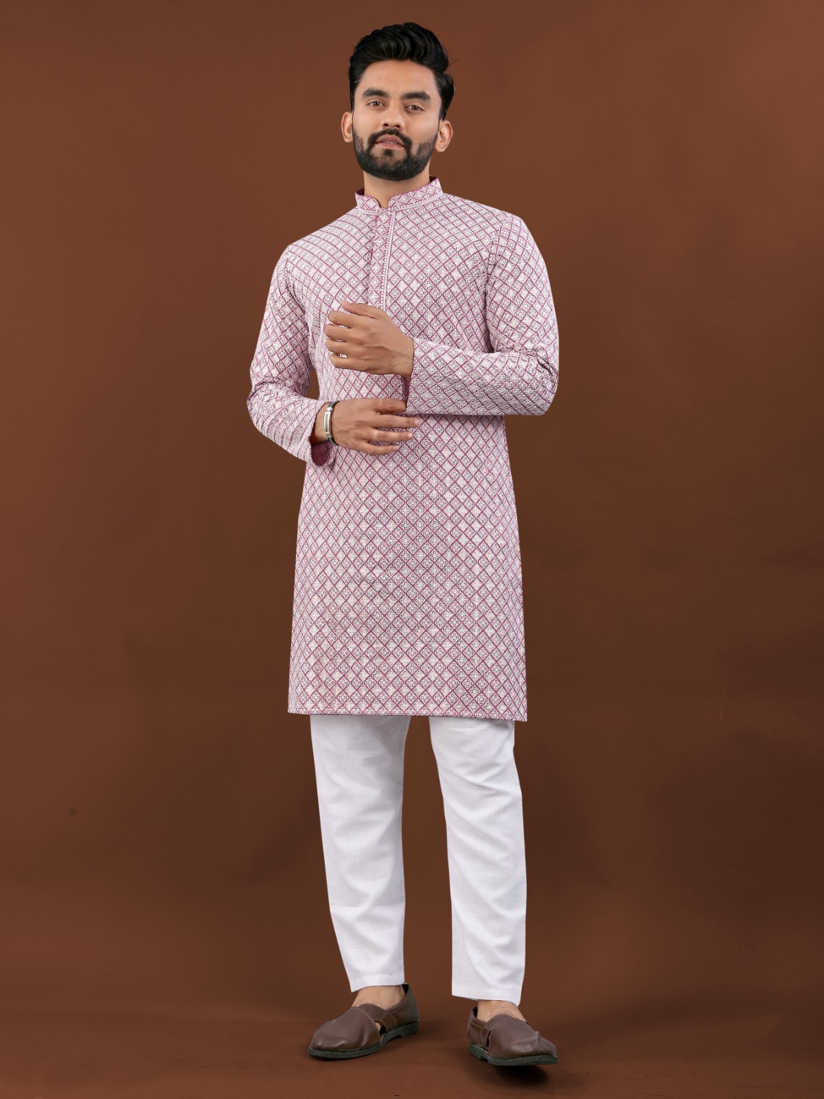 Wedding Party Designer Cotton Kurta Pajama Set With Heavy Embroidery For Men