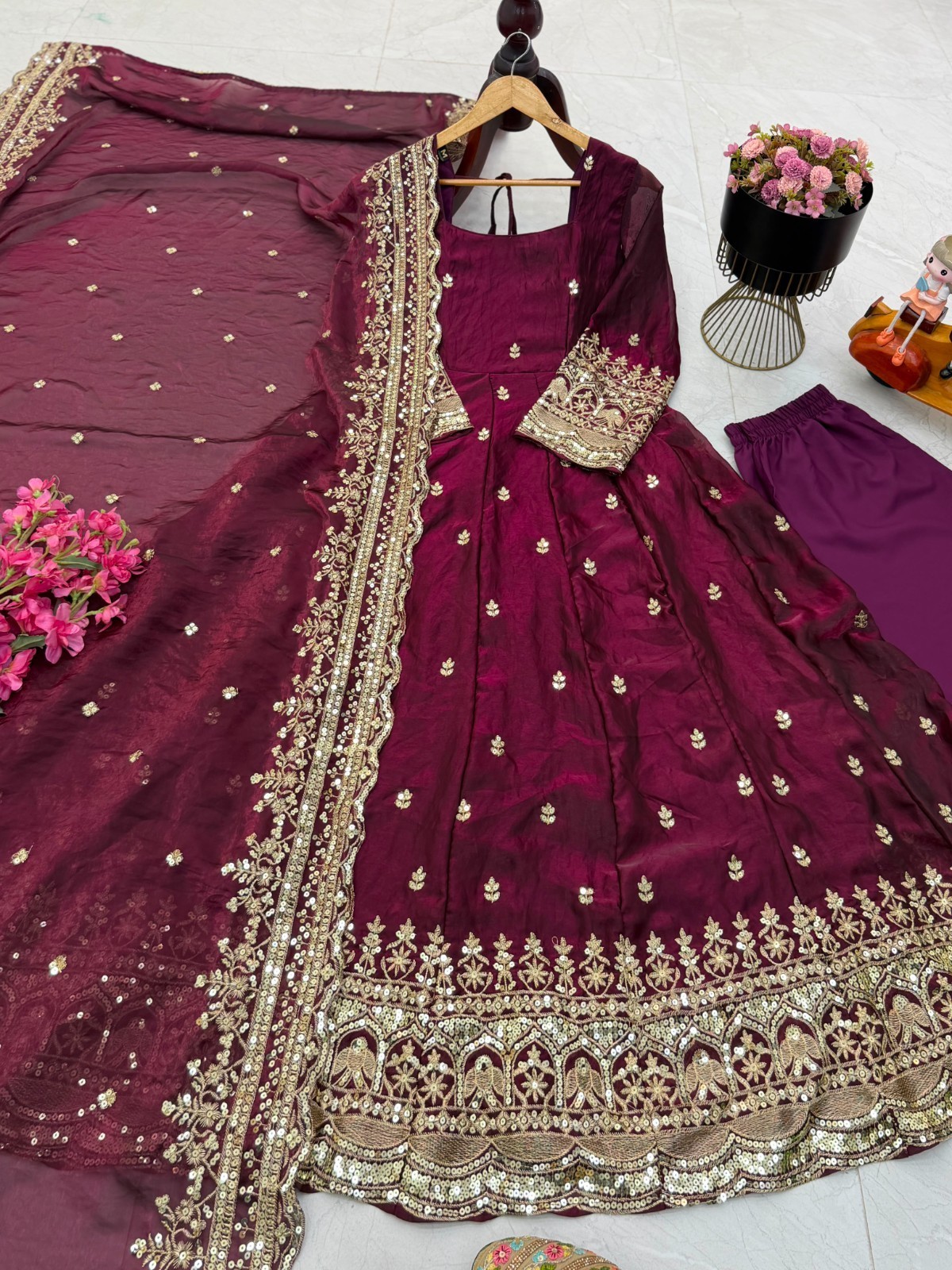 Wine Fendy Silk Heavy Embroidery Ready Made Anarkali Party Wear Dress XXL