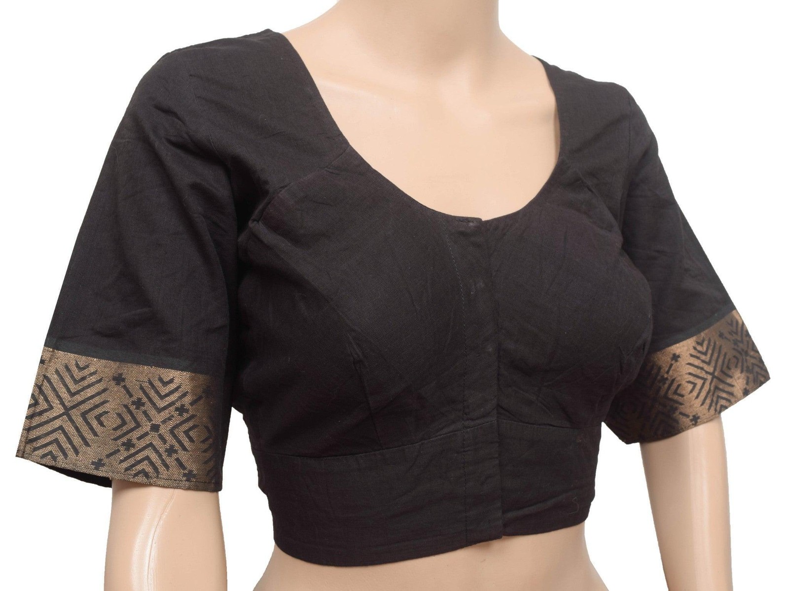 Sushila Vintage Readymade Stitched Sari Blouse Black Pure Cotton Woven Choli 40