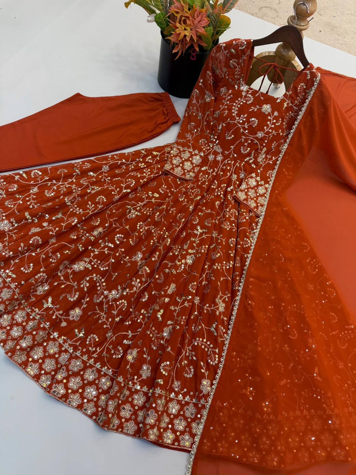 Attractive Look Rust Orange Faux Georgette Gown Bottom With Dupatta For Women’s
