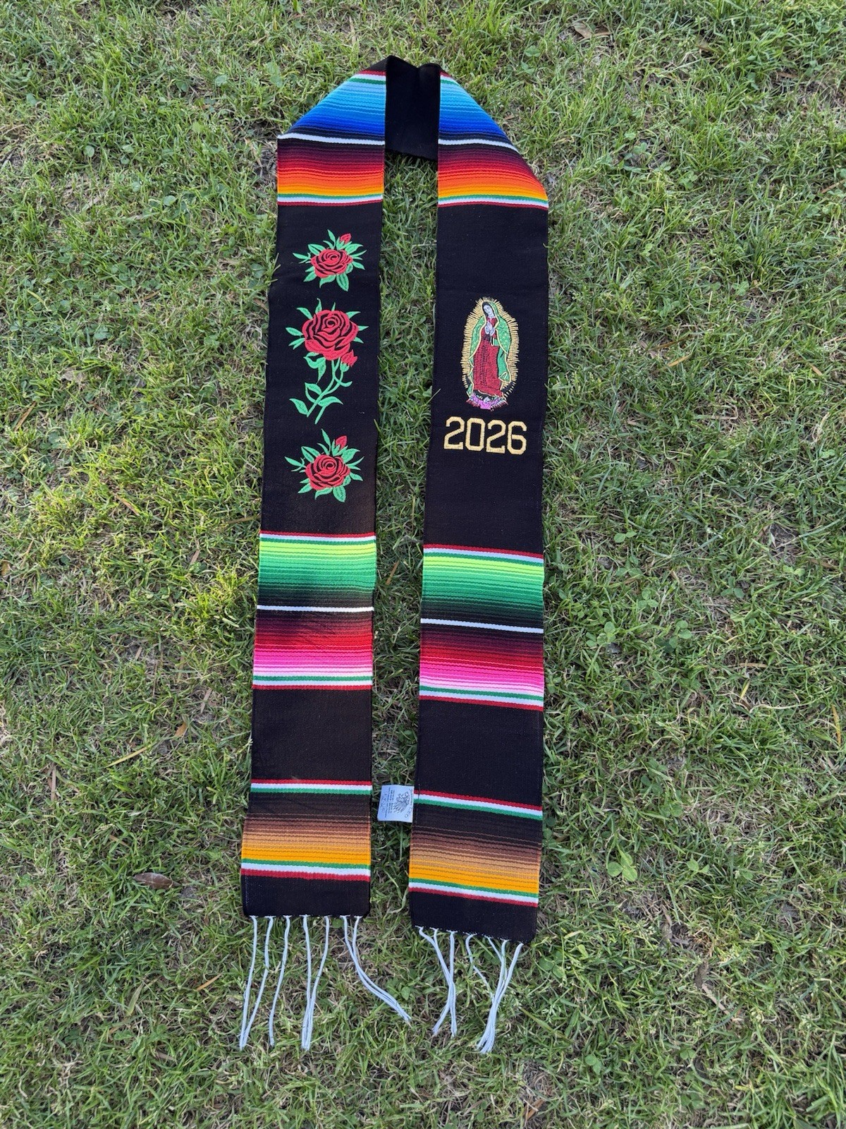 Multicolor Serape Sash Class of 2026 Virgin Mary Roses Religious Motif