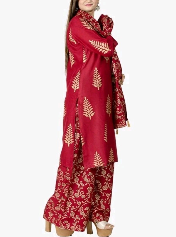 Kurti Palazzo Pant with Dupatta Suit Set for Women Red, Sz L (42)