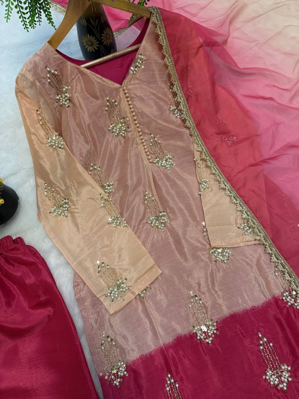 Elegant Designer Chinnon Silk Kurta Palazzo With Dupatta For Women & Girls