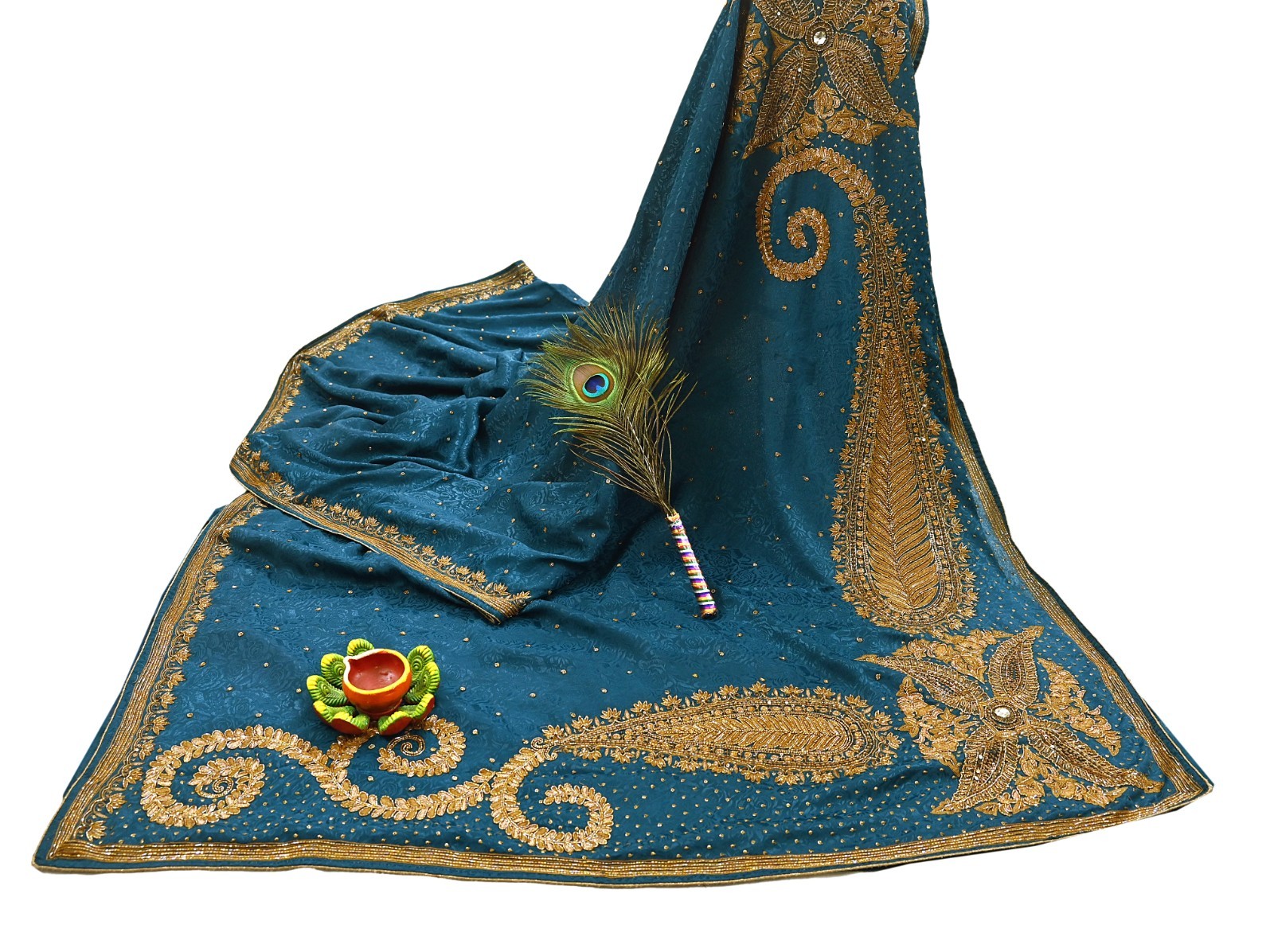 Indian Vintage Heavy Sari Teal Blue Pure Crepe Silk Hand Embroidered Sarees 6yd
