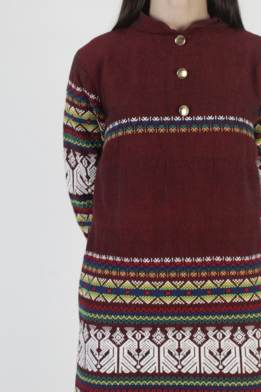 Burgundy Cotton Guatemalan Dress Embroidered Ethnic Mexican Aztec Bird Mexican
