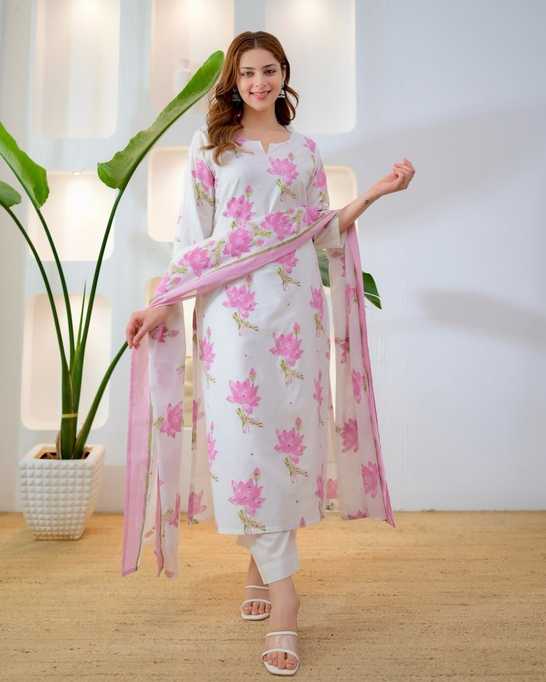 Beautiful Cotton Kurti Pant Dupatta Set Indian Bollywood Top Tunic Kurta Set