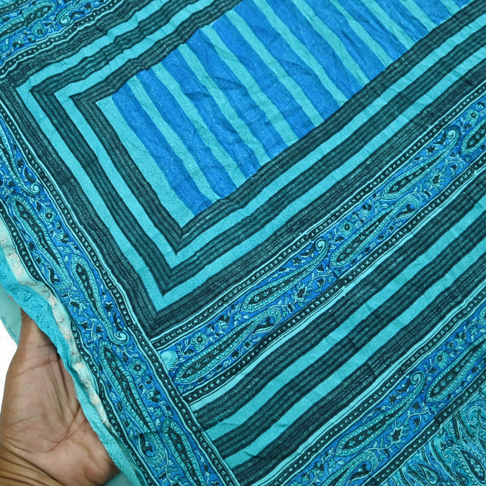 Vintage Sari Blue & Green Pure Crepe Silk Printed Saree 6yd Sewing Fabric Zari