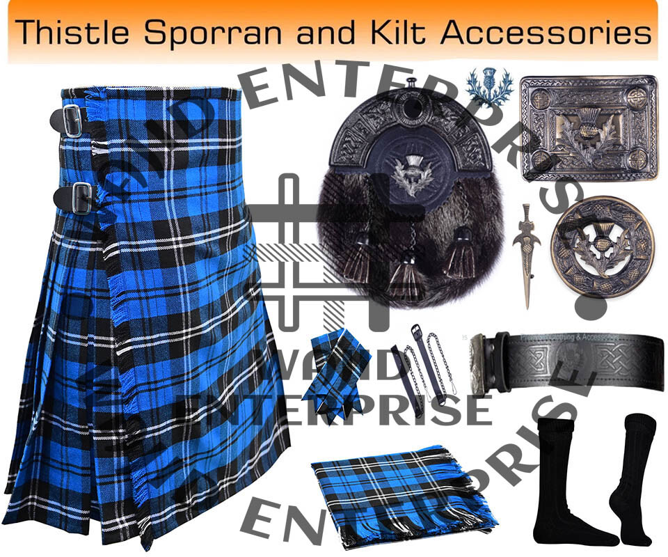 Scottish Handmade Ramsey Blue Tartan 8 yard Kilt & Accessories Package for Men’s