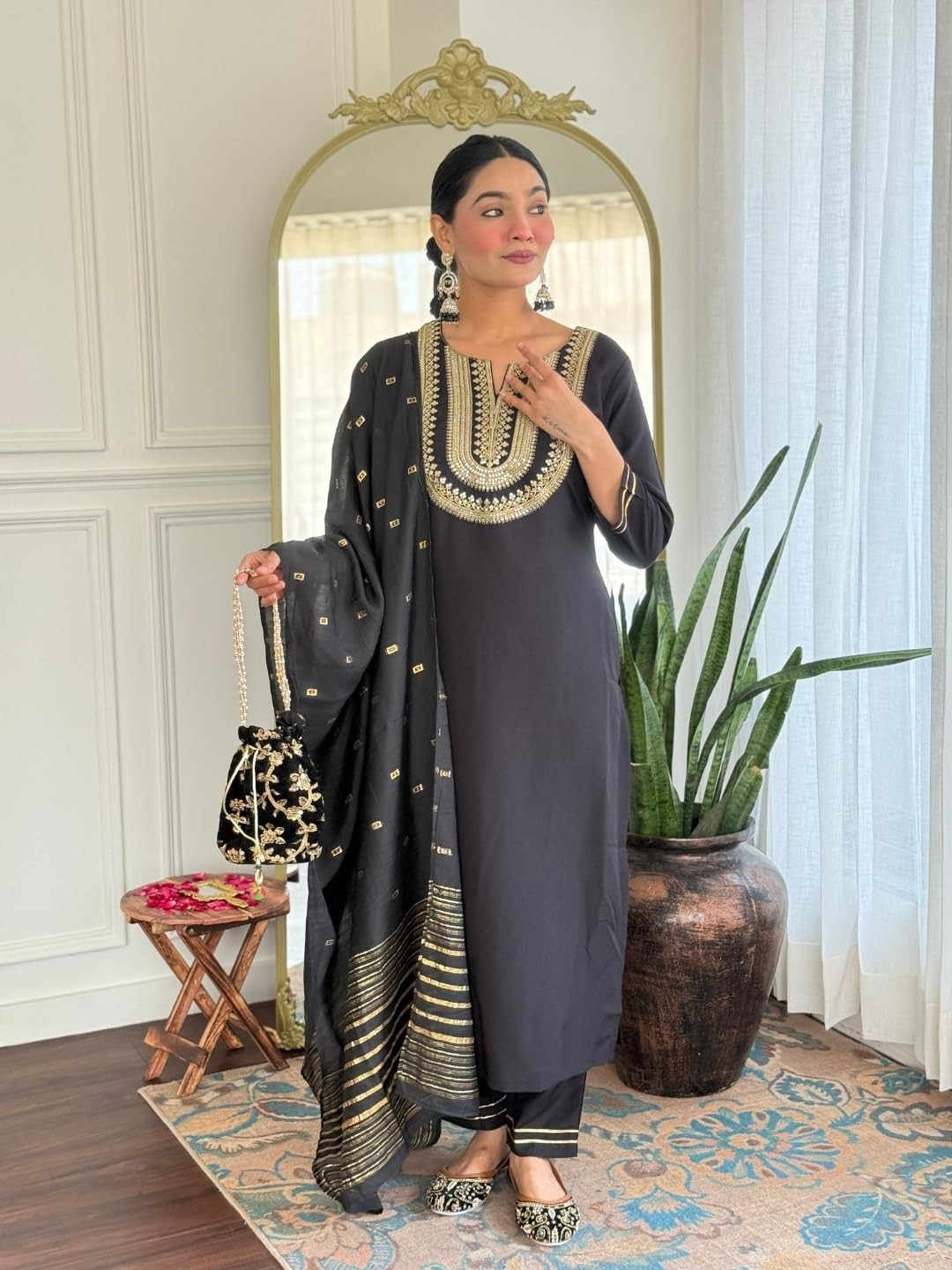 Women’s Black Embroidered Cotton Slub Fabric Straight Kurta, Pant and Dupatta