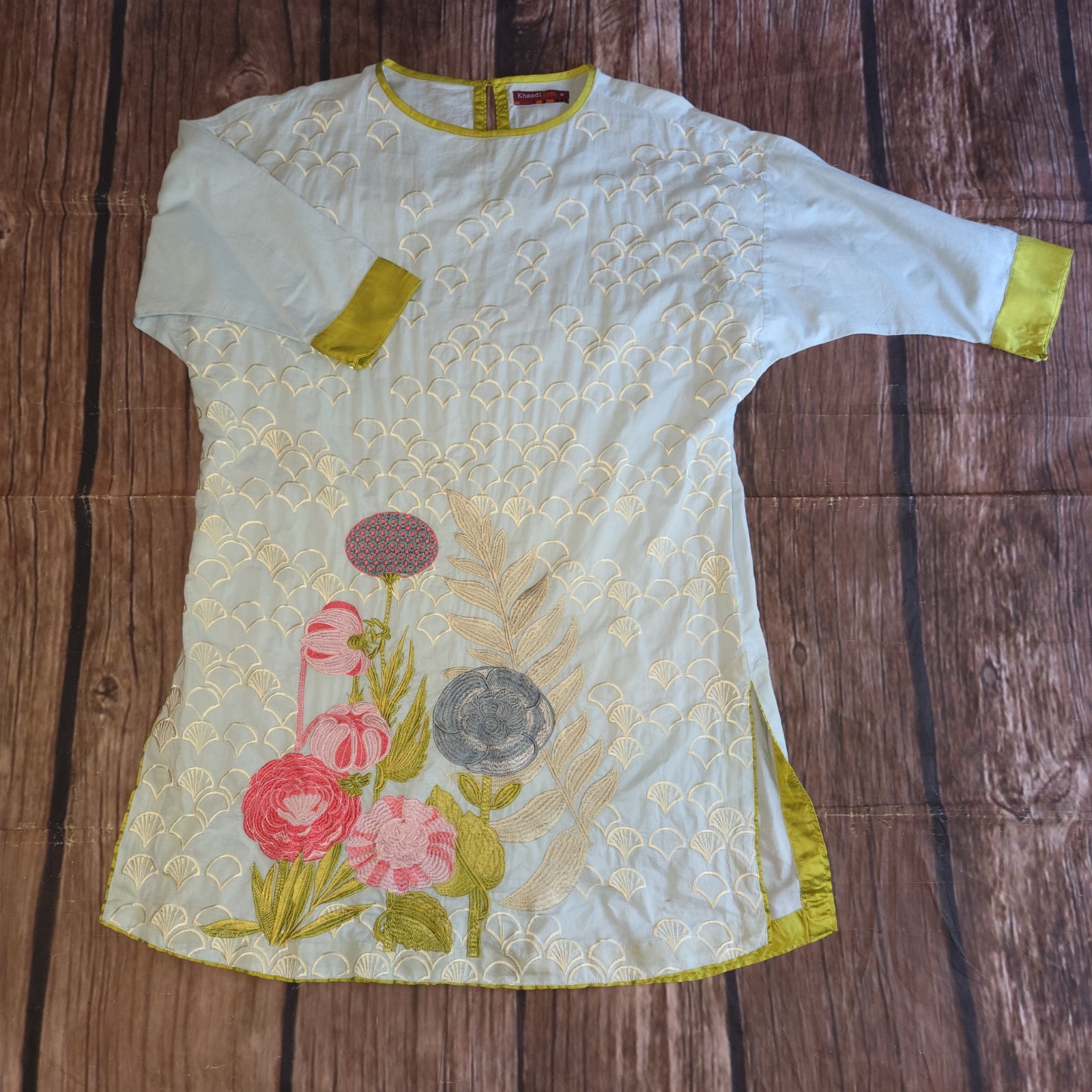 Khaadi Pret Floral Embroidered Blue Multicolor Tunic Top Kurta Size 12 Cotton