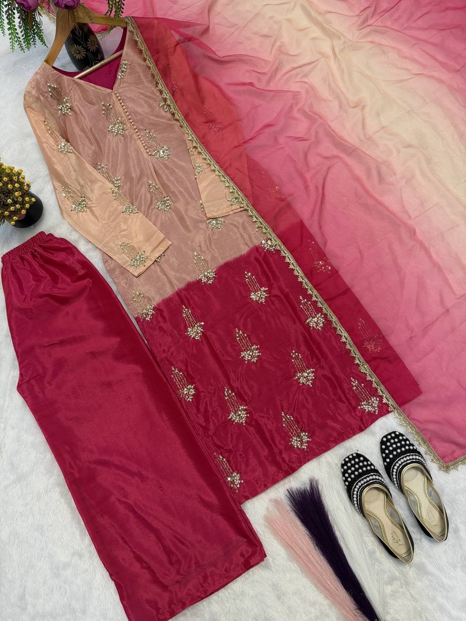 Elegant Designer Chinnon Silk Kurta Palazzo With Dupatta For Women & Girls