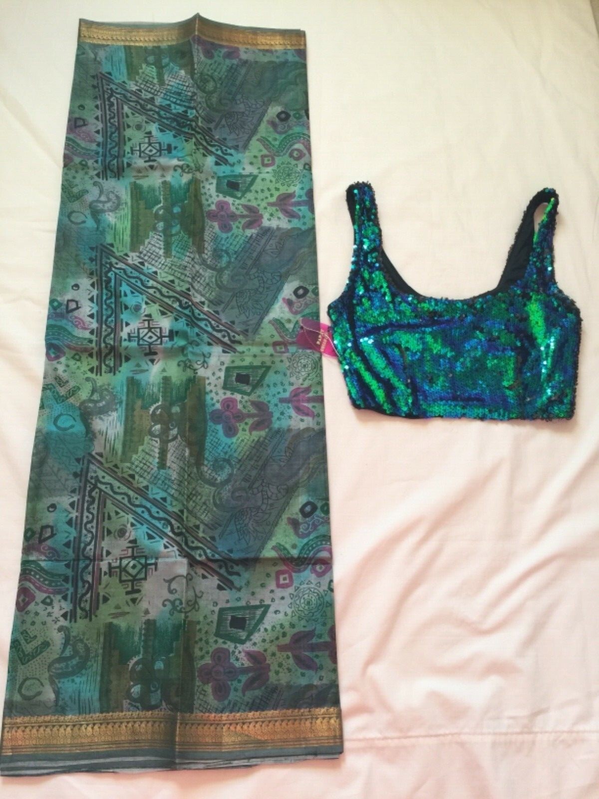 NWT 100% Pure Silk Green Abstract Print Saree Sari w Gold Zari Sequin Crop Top