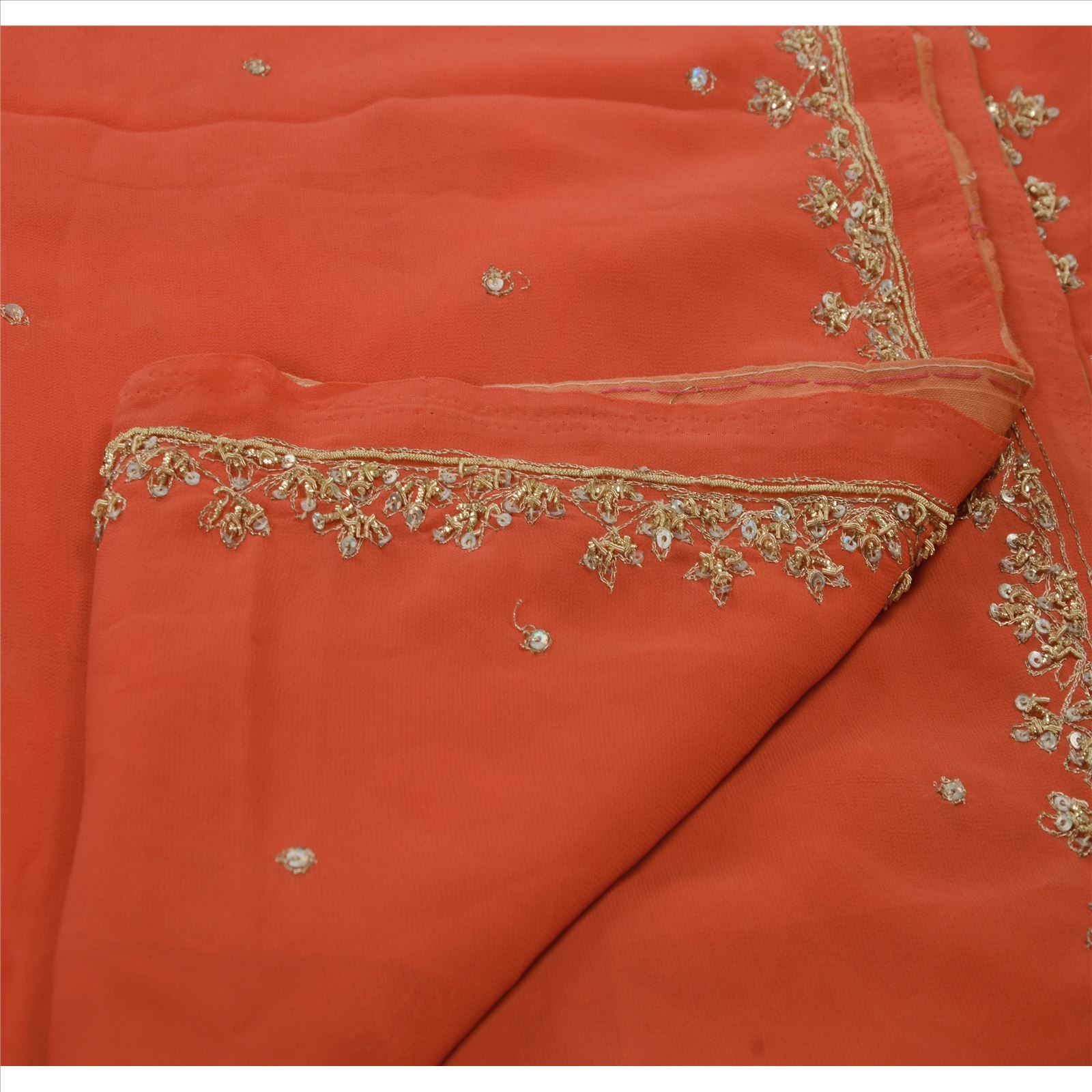 Sanskriti Vintage Peach Sarees Georgette Hand Beaded Fabric Sari Zardozi Premium