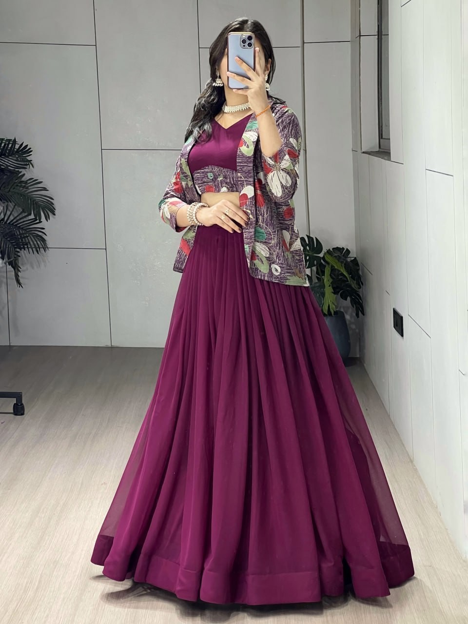 Premium Georgette Lehenga Choli With Chanderi Koti Jacket Party Wear