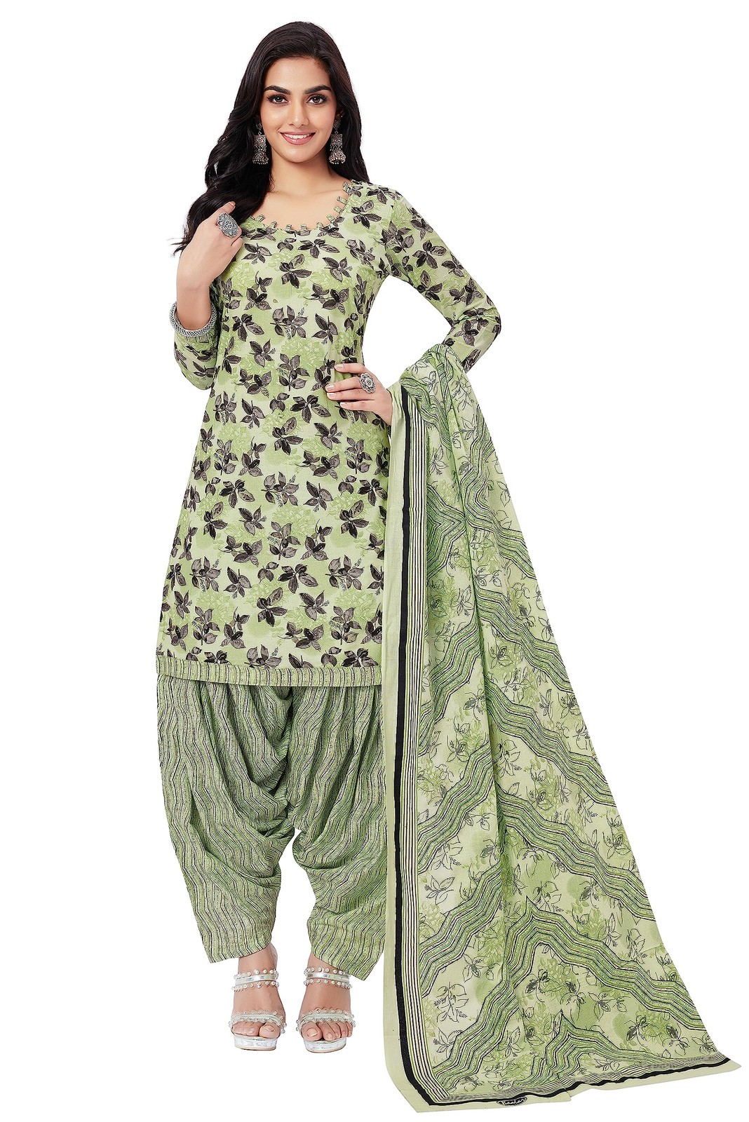 Miraan Cotton Printed Readymade Salwar Suit for Women Green Large